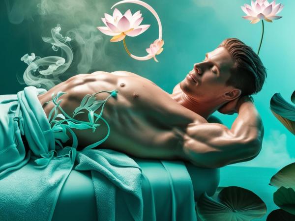 Massage d un sportif sportif ambiance zen turquoise